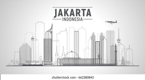 Jakarta (Indonesia) line city skyline on a white background. Flat vector illustration. Business travel and tourism concept with modern buildings. Image for banner or web site.