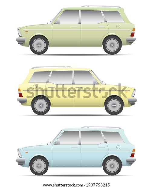 Jakarta, Indonesia - March 17 2021: A vector\
illustration of a classic estate car model with three different\
body colors.