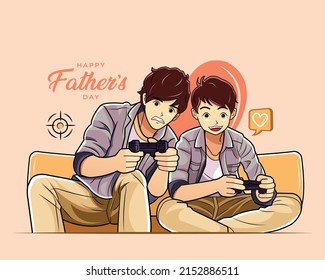 Jakarta Indonesia, May 05, 2022
:Happy Fathers Day. Father And Son Playing Video Game Online Vector Illustration