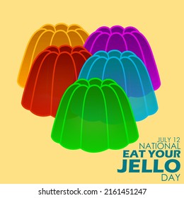 Jakarta, Indonesia - May 28, 2022: Colorful jelly with various flavors and bold texts on yellow background,  National Eat Your Jello Day July 12