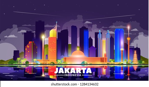 Jakarta (Indonesia) night city skyline on a skay background. Flat vector illustration. Business travel and tourism concept with modern buildings. Image for banner or web site.