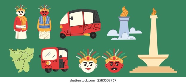 Jakarta Indonesia Objects for Jakarta Anniversary Celebration, Ondel-ondel, Monas, Bajaj Illustration