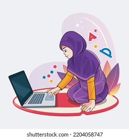 Jakarta Indonesia, September 20, 2022
:Hijab Little Girl Is Happy Doing Online Education Vector Illustration