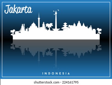 Jakarta, Indonesia, skyline silhouette vector design on parliament blue and black background.