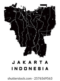 JAKARTA, INDONESIA VECTOR MAP. MAP OF THE CAPITAL CITY OF INDONESIA, JAKARTA. IN BLACK.. INCLUDING LAND AND RIVERS OR WATER. 