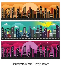 Jakarta, Indonesia.  A view of the city with tall buildings seen from different times.