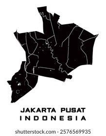 JAKARTA PUSAT OR CENTRAL JAKARTA, INDONESIA VECTOR MAP. MAP OF THE CAPITAL CITY OF INDONESIA, JAKARTA. IN BLACK. INCLUDING LAND AND RIVERS OR WATER.