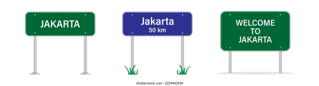 Jakarta road sign. Welcome to Jakarta. Entering the city billboard. Vector image