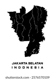 JAKARTA SELATAN OR SOUTH JAKARTA, INDONESIA VECTOR MAP. MAP OF THE CAPITAL CITY OF INDONESIA, JAKARTA. IN BLACK. INCLUDING LAND AND RIVERS OR WATER.