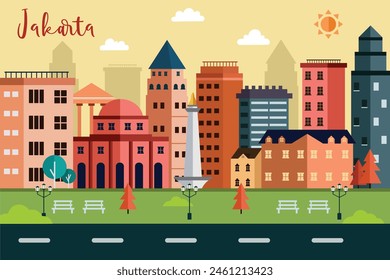 Ilustración vectorial plana de concepto de horizonte de Yakarta, concepto de viaje a Yakarta con horizonte y edificios famosos Lugar famoso