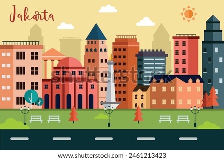 Jakarta skyline concept flat vector illustration,Travel to Jakarta concept with skyline and famous buildings landmark