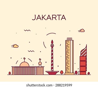 Jakarta skyline, detailed silhouette. Trendy vector illustration, linear style.