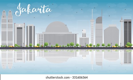 Jakarta skyline with grey landmarks, blue sky and reflections. Vector illustration. Business travel and tourism concept with copy space. Image for presentation, banner, placard and web site.