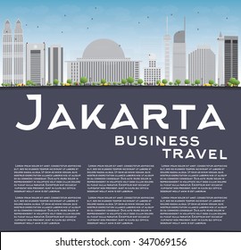 Jakarta skyline with grey landmarks, blue sky and copy space. Vector illustration. Business travel and tourism concept with place for text. Image for presentation, banner, placard and web site.