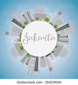 Jakarta skyline with grey landmarks, blue sky and copy space. Vector illustration. Business travel and tourism concept with place for text. Image for presentation, banner, placard and web site.