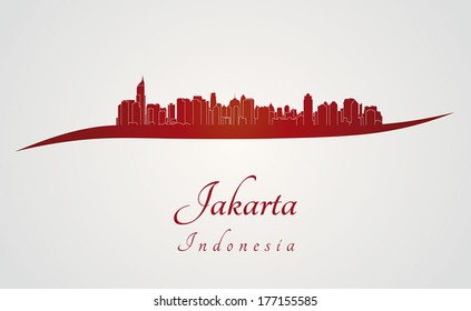 Jakarta Skyline in red and gray background in editable vector file