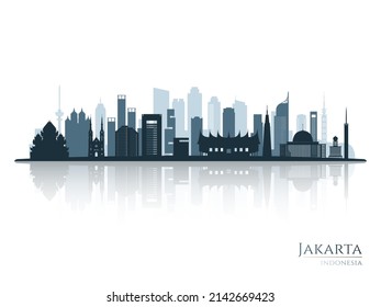 Jakarta Skyline Silhouette With Reflection. Landscape Jakarta, Indonesia. Vector Illustration.