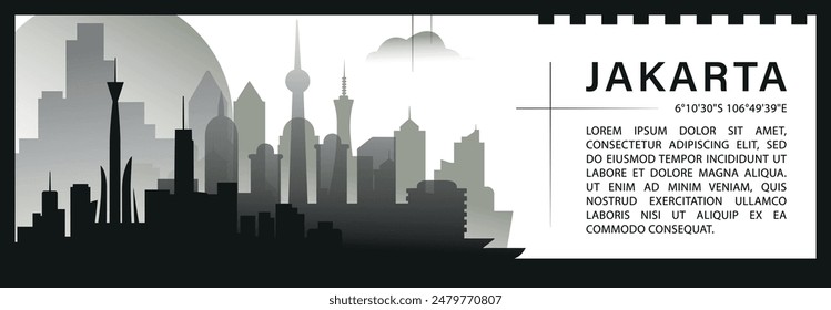 Jakarta skyline vector banner, black and white minimalistic cityscape silhouette. Indonesia capital city horizontal graphic, travel infographic, monochrome layout for website