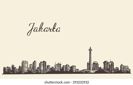 Jakarta skyline, vintage engraved illustration, hand drawn, sketch