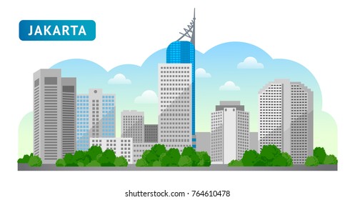 Jakarta. Travel to Indonesia. Beautiful horizontal panoramic view. Morning, afternoon, day, sunrise, dawn. Vector flat illustration.
