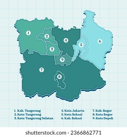 Jakarta travel map vector. jabodetabek city region geography illustration.