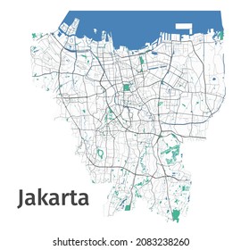 Jakarta vector map. Detailed map of Jakarta city administrative area. Cityscape panorama. Royalty free vector illustration. Outline map with highways, streets, rivers. Tourist decorative street map.