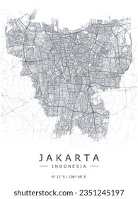 Jakarta vector map. Detailed map of Jakarta city in Indonesia. Cityscape panorama. Best free vector illustration. Outline map with highways and streets. Tourist decorative street map.