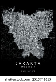 Jakarta vector map. Detailed map of Jakarta city in Indonesia. Cityscape panorama. Best free vector illustration. Outline map with highways and streets. Black decorative street map.