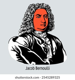 Jakob Bernoulli war ein Schweizer Mathematiker. Einer der Gründer der Wahrscheinlichkeitstheorie und mathematischen Analyse. Er erwies sich als Sonderfall des Gesetzes der großen Zahlen. Handgezeichnete Vektorgrafik