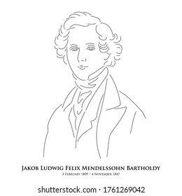 Jakob Ludwig Felix Mendelssohn Bartholdy (3 February 1809 – 4 November 1847) A master of historical music. Line drawing portrait illustration.
