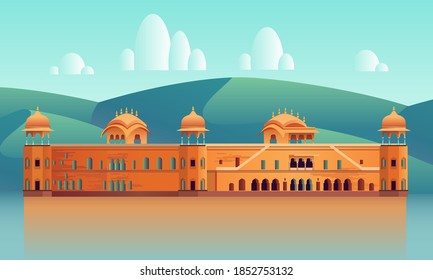 Jal Mahal 3d colorful historical landmark. Ancient building on the water. Jaipur, Rajasthan, India.