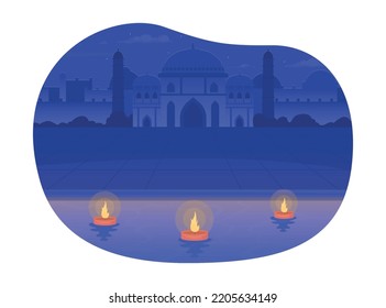 Jal Mahal palace and floating diyas 2D vector isolated illustration. Hindu temple architecture flat landscape on cartoon background. Colourful editable scene for mobile, website, presentation
