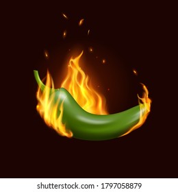 Jalapeno chili pepper in fire flame. Realistic vector Mexican spicy cuisine, fast food or restaurant bar menu of 3d green hot jalapenos chilli pepper conflagrant with flying sparks on dark background