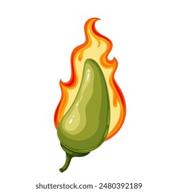 Jalapeno chili pepper with hot fire, cartoon burning spice and vegetable. Whole green pepper in flame, cartoon spicy vegetarian ingredient to heat up traditional Mexican food vector illustration