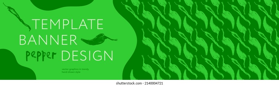 Jalapeno chilli pepper label template with vector pattern seamless. Green hot peppers illustration for pepper sauce, spice packaging design. Abstract organic vegetable background. Vegan food banner.