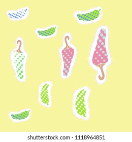 Jalapeno, cucumbers halftone pattern, dashed lines, tags. Hand drawn.