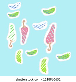 Jalapeno, cucumbers halftone pattern, dashed lines, tags. Hand drawn.