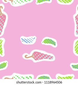 Jalapeno, cucumbers halftone seamless  pattern, dashed lines, tags. Hand drawn.