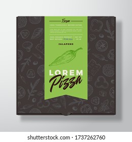 Jalapeno Frozen Pizza Realistic Cardboard Box. Abstract Vector Packaging Design or Label. Modern Typography, Sketch Seamless Food Pattern. Black Paper Background Layout. Isolated.