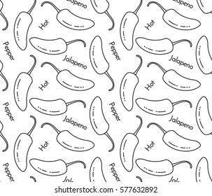 Jalapeno line seamless pattern with signs. Hot pepper outline background - concept for cooking and spice theme. Vector illustration.