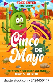 Jalapeno pepper character on Cinco de mayo mexican holiday flyer. Vector invitation for party celebration with cartoon green guindilla personage wear sombrero in desert with cacti and festive garlands