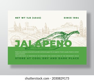 Jalapeno Pepper Label Template. Abstract Vector Packaging Design Layout. Modern Typography Banner with Hand Drawn Vegetable and Rural Landscape Background. Isolated.