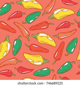 Jalapeno pepper on pink - seamless pattern. Vector doodle cartoon art background for restaurant menu and other design. Vegetarian food and vegetables.