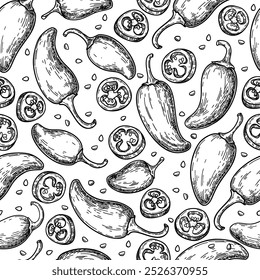 Jalapeno pepper seamless pattern drawing. Hand drawn food background. Vegetable engraved style object. Isolated hot spicy mexican cayenne pepper