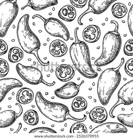 Jalapeno pepper seamless pattern drawing. Hand drawn food background. Vegetable engraved style object. Isolated hot spicy mexican cayenne pepper