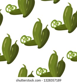Jalapeno pepper seamless pattern with jalapeno pepper slices and a whole peppers isolated on white background. Simple cartoon vector illustration
