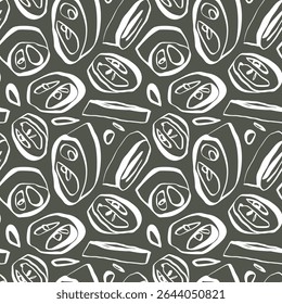 Jalapeno pepper slices seamless pattern with white line art on warm green background for kitchen textile and packaging design