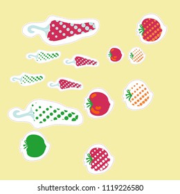 Jalapeno, tomatoes halftone pattern, dashed lines, tags. Hand drawn.