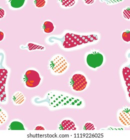 Jalapeno, tomatoes halftone seamless  pattern, dashed lines, tags. Hand drawn.