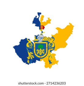 Bandera de mapa de Jalisco con escudo de armas Ilustración vectorial aislada. Anuncio nacional emblema de la provincia del estado de México. Bandera elemento Jalisco COA signo heráldico. Insignia de heráldica. Bandera de Jalisco.